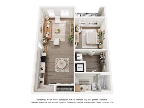 Floor plan for 1 bed, 1 bath, 738 sqft